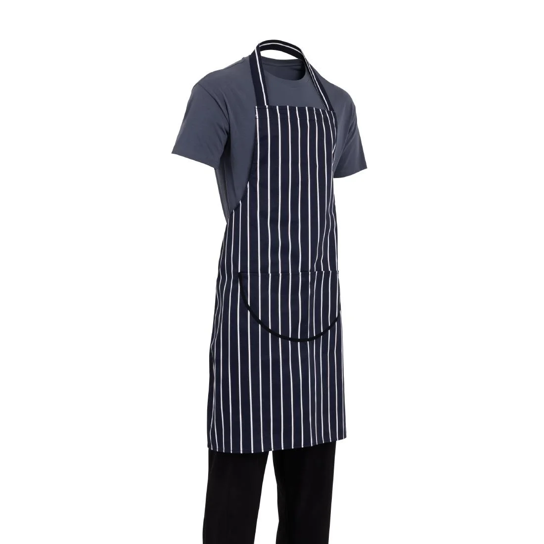 Whites Butchers Apron Navy Stripe with Pocket