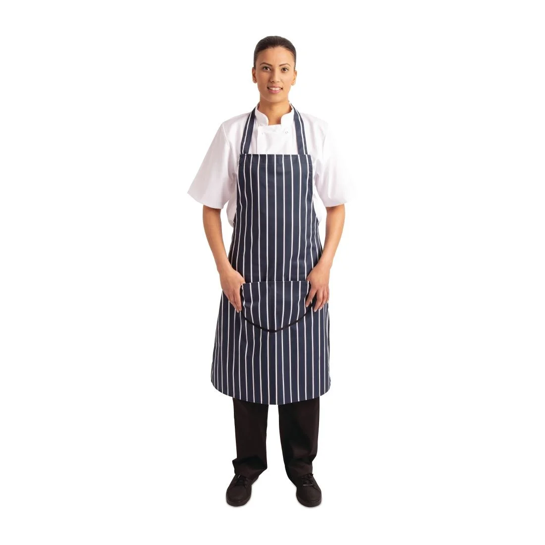 Whites Butchers Apron Navy Stripe with Pocket - Image 13