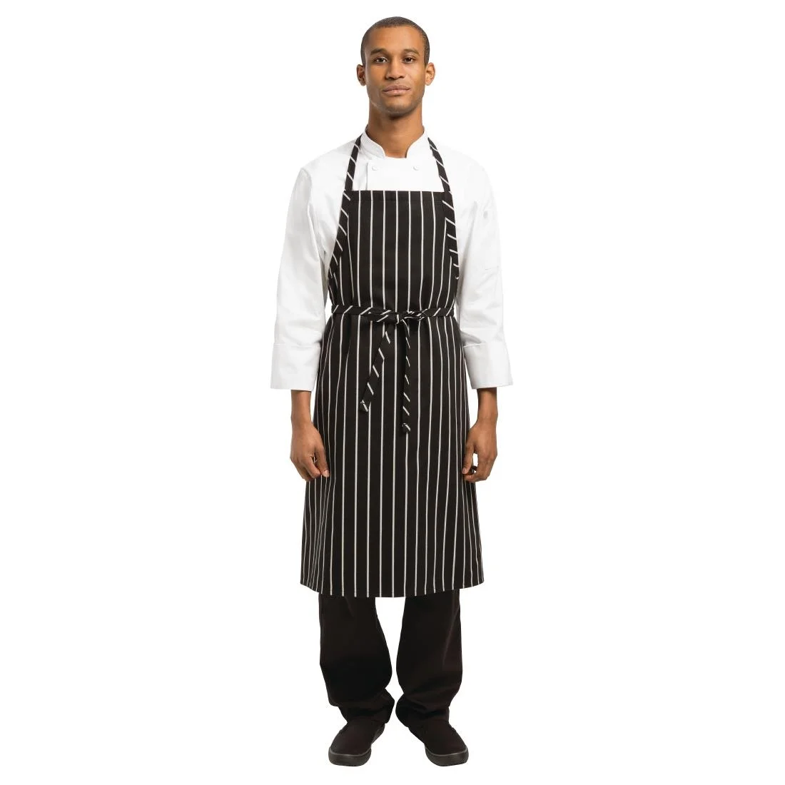 Chef Works Premium Woven Bib Apron Black and White Stripe - Image 2