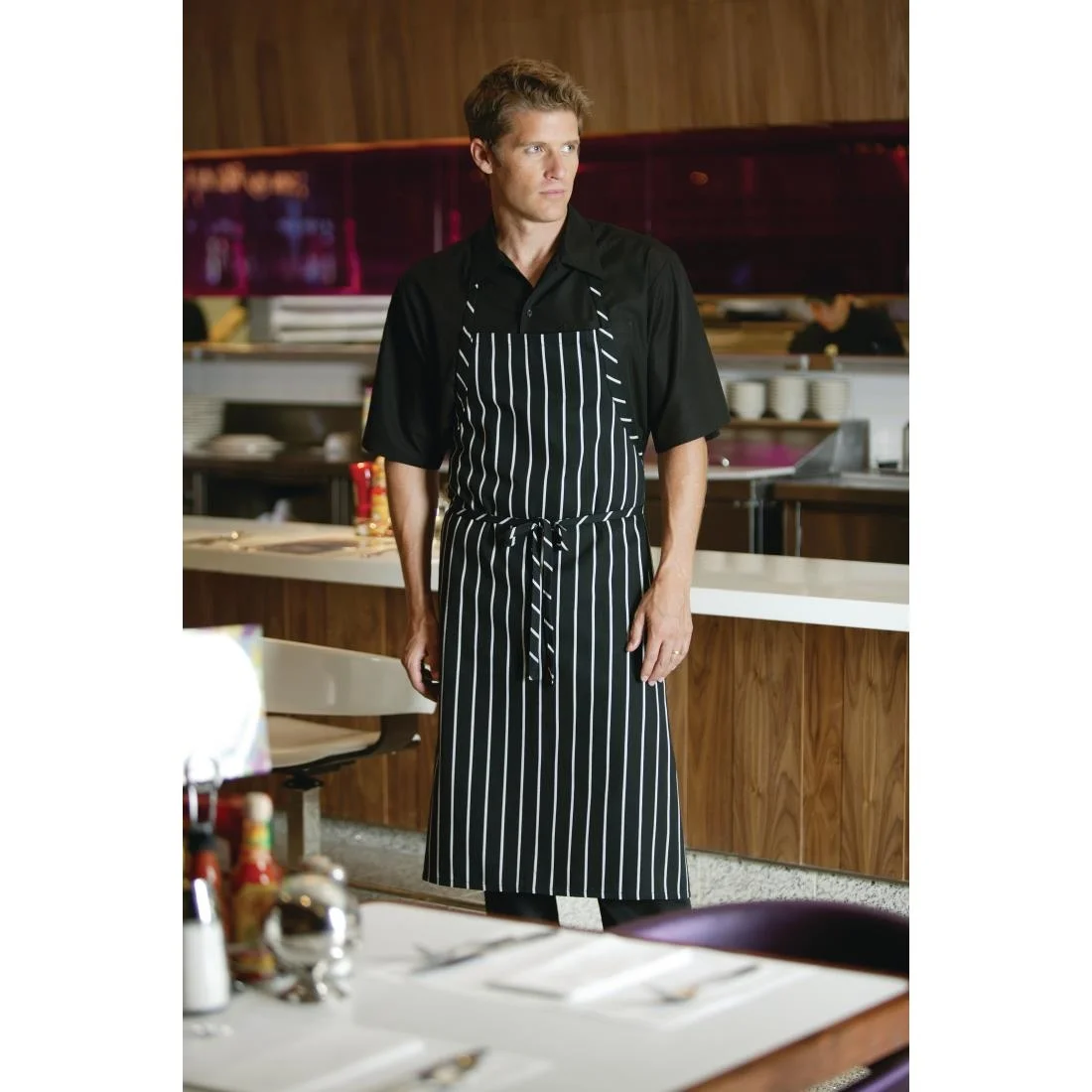 Chef Works Premium Woven Bib Apron Black and White Stripe - Image 10
