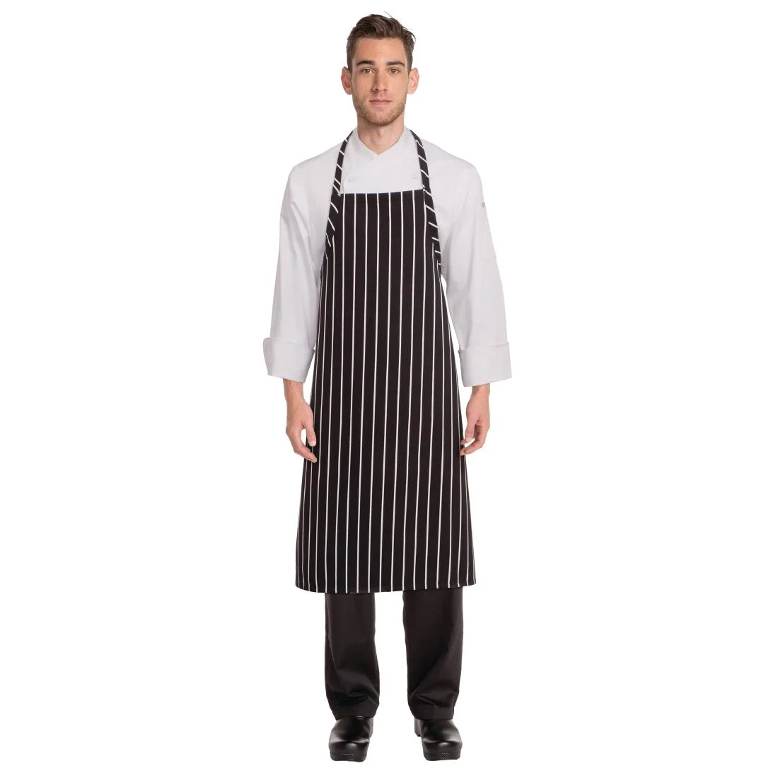 Chef Works Premium Woven Bib Apron Black and White Stripe - Image 13