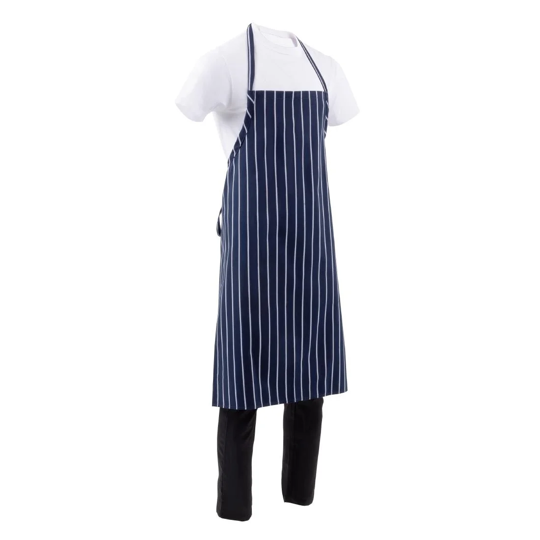 Chef Works Premium Woven Bib Apron Navy and White Stripe