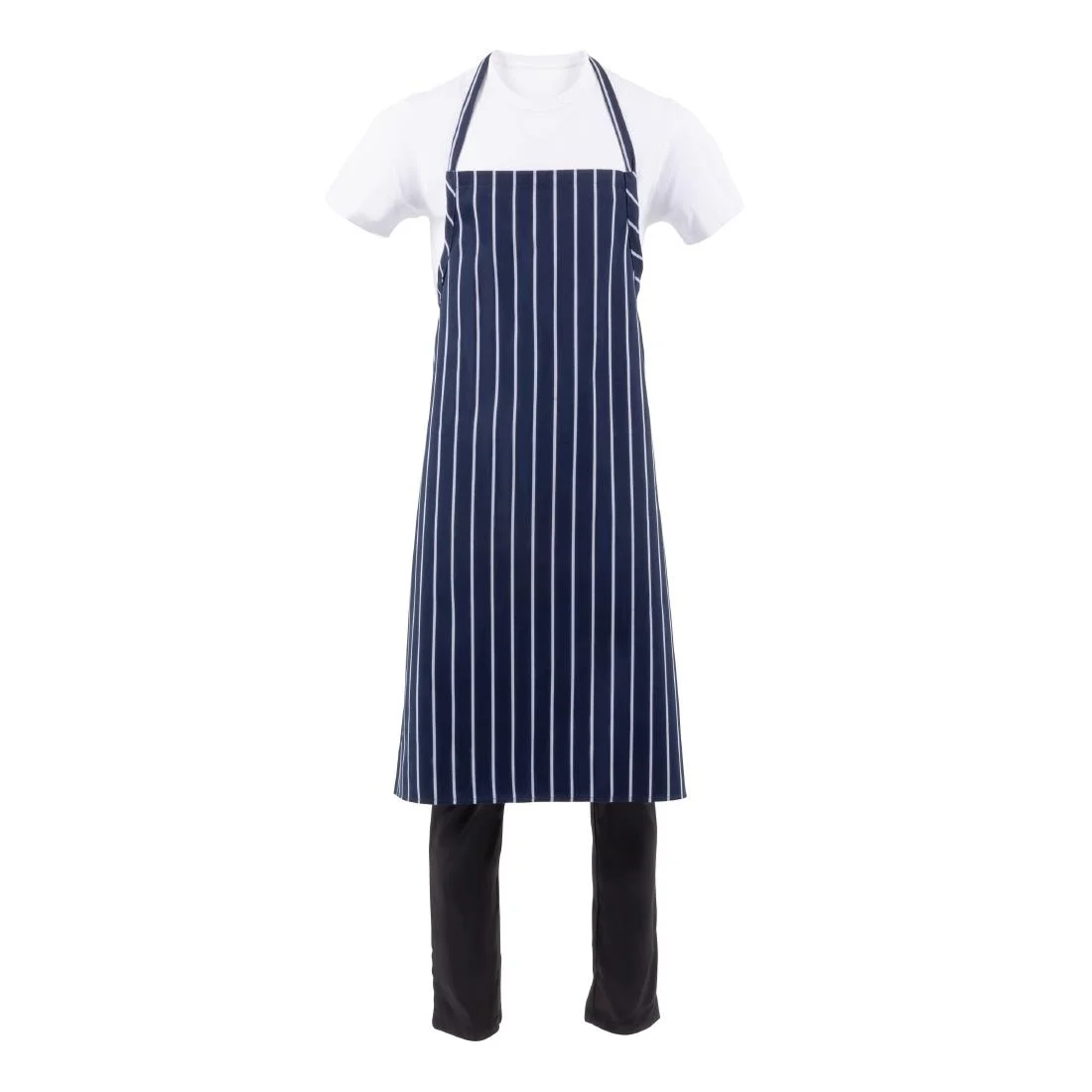 Chef Works Premium Woven Bib Apron Navy and White Stripe - Image 2