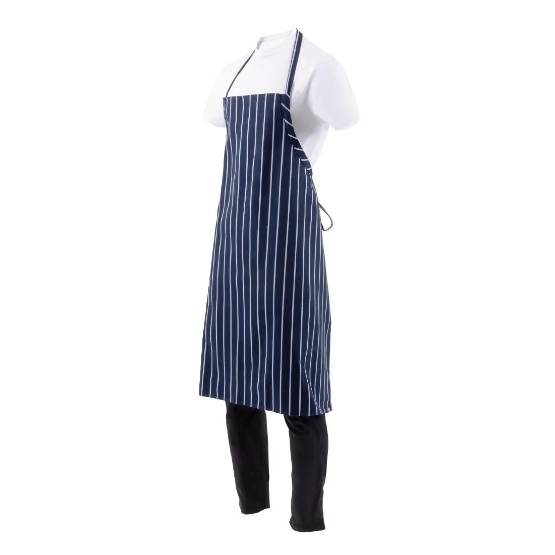 Chef Works Premium Woven Bib Apron Navy and White Stripe - Image 3