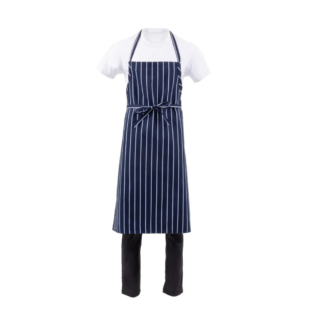 Chef Works Premium Woven Bib Apron Navy and White Stripe - Image 4