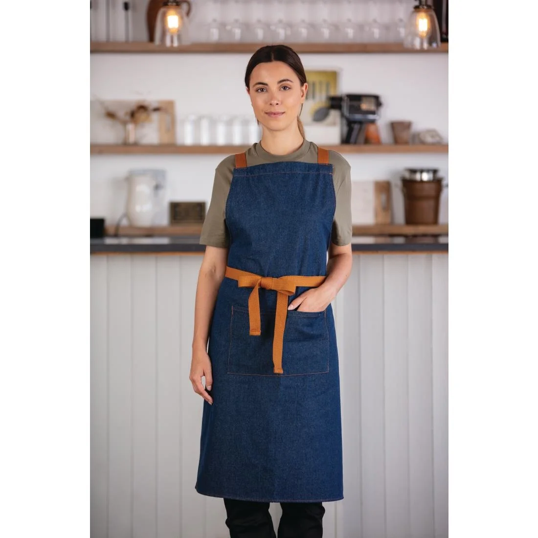 Southside X-Cross Back Apron Denim Blue Tan Ties - Image 5