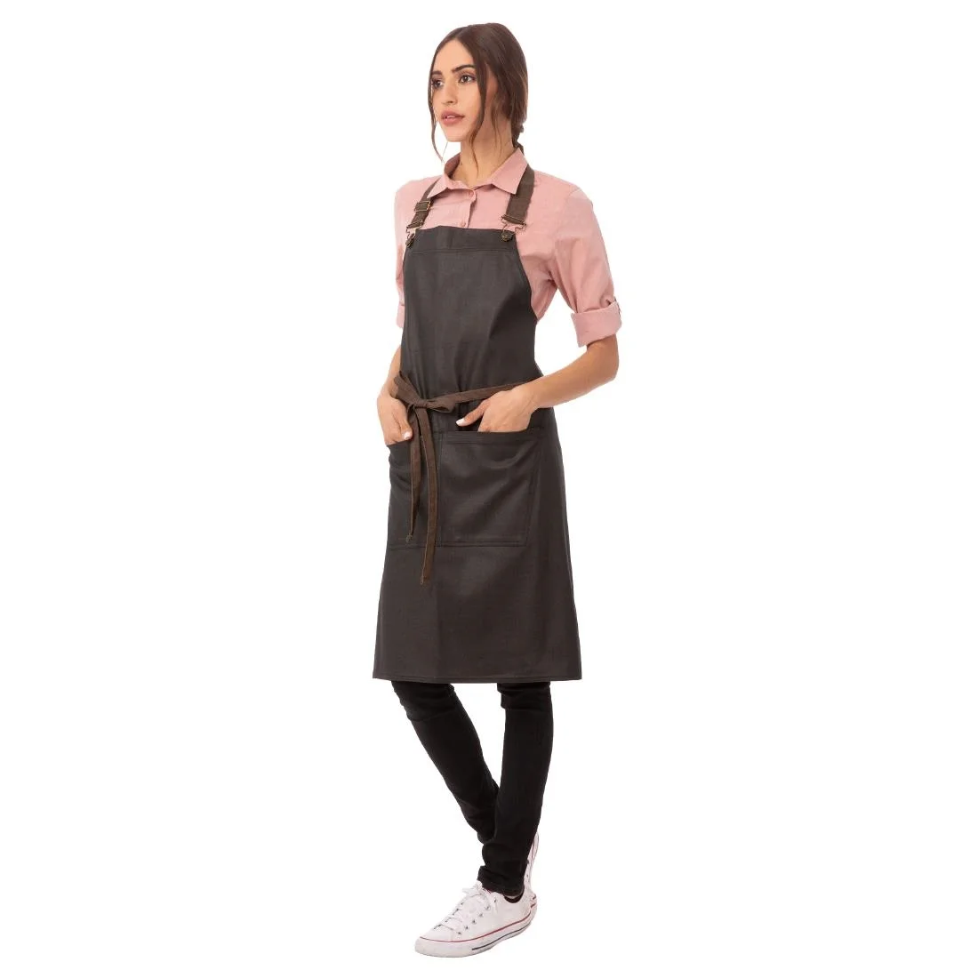 Chef Works Urban Wet Look Boulder Bib Apron Black and Brown - Image 4