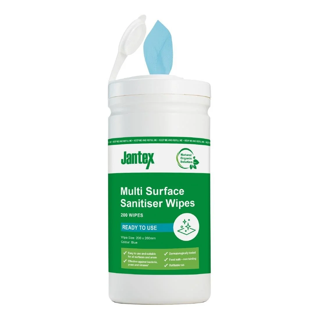 Jantex Green Surface Sanitiser Wipes Starter Tub 200mm (200 Pack) - Image 1
