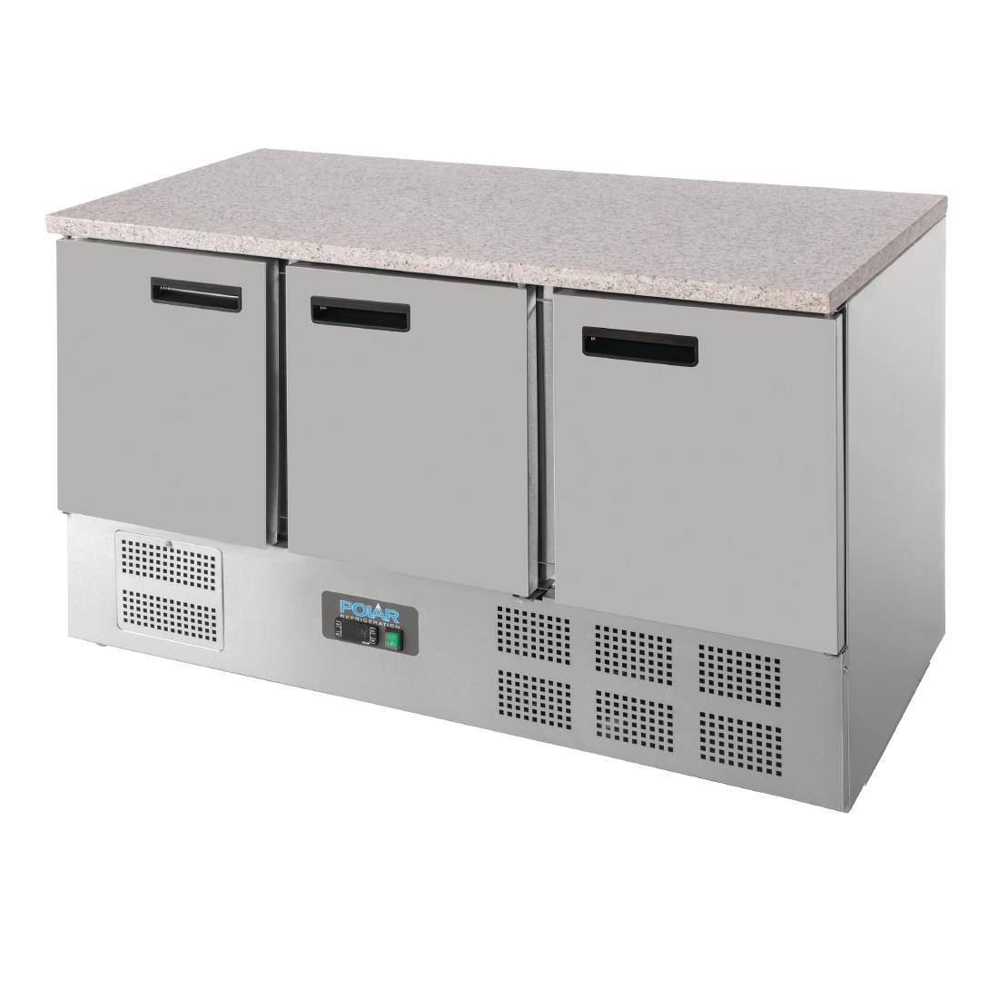 Polar 3 Door Refrigerated Counter with Marble Work Top 368Ltr