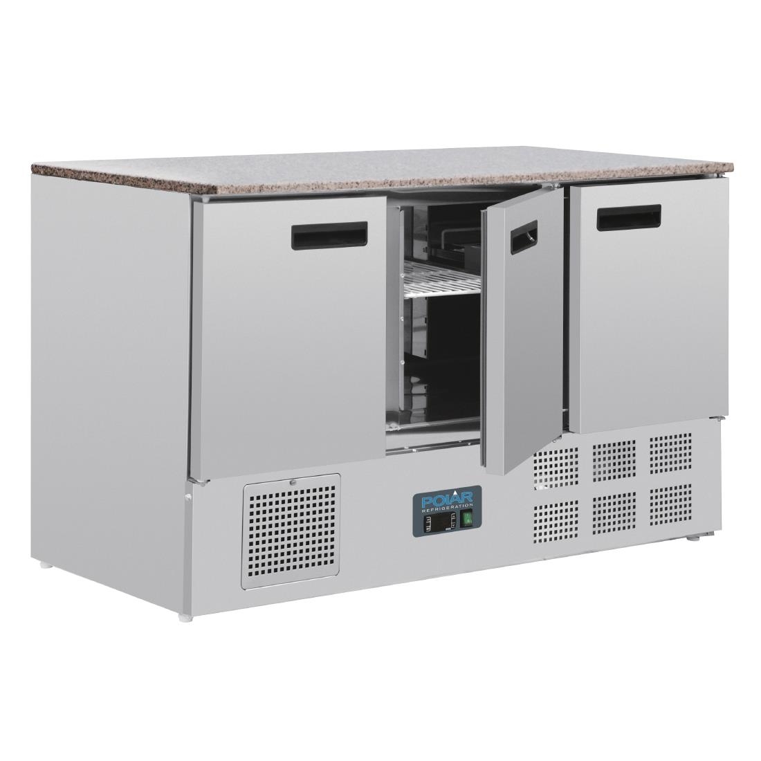 Polar 3 Door Refrigerated Counter with Marble Work Top 368Ltr