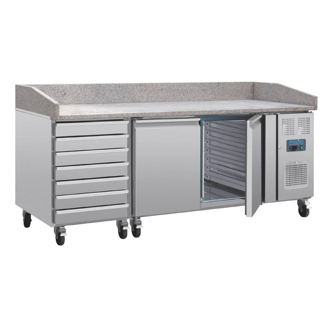 Polar U-Series Double Door Pizza Counter with Granite Top and Dough Drawers 290Ltr - Image 2