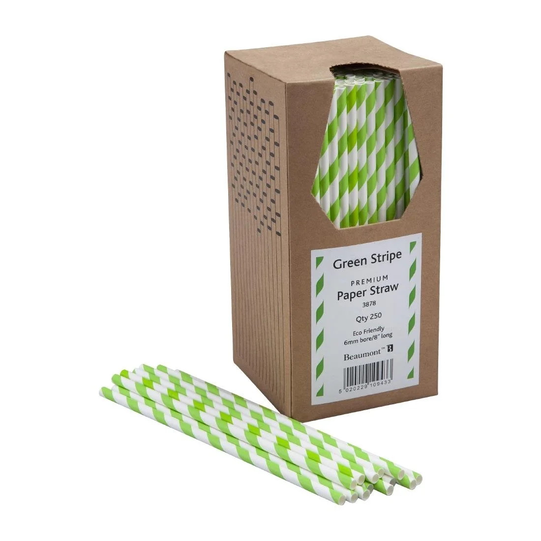 Beaumont 6mm Bore Paper Straw Green & White Striped (Pack 250) - Image 1