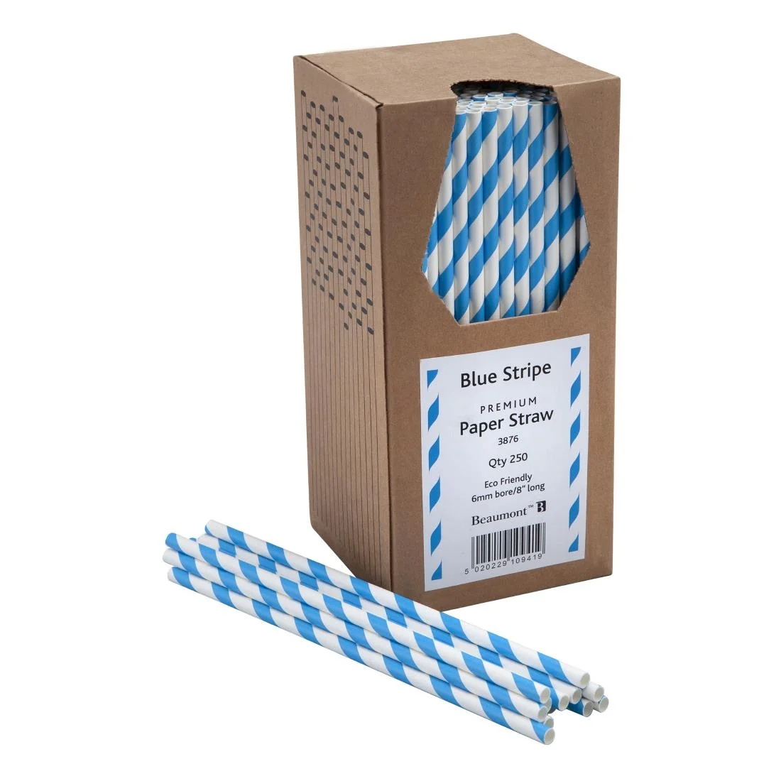 Beaumont Blue & White Striped Bore Paper Straw 8 Inch 6mm (Pack 250)