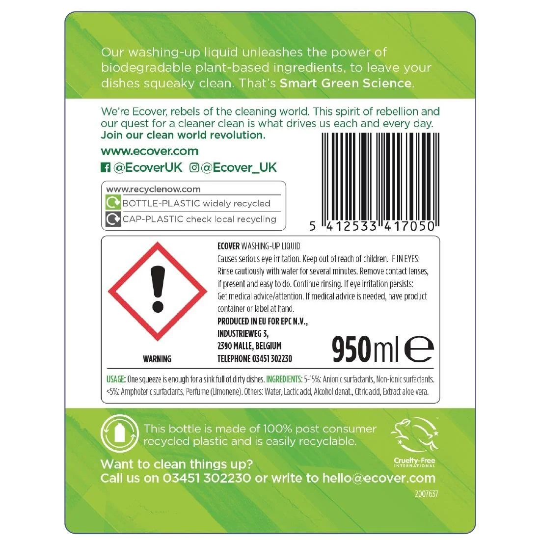 Ecover Lemon and Aloe Vera Washing Up Liquid Concentrate 950ml - Image 2