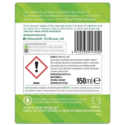 Ecover Lemon and Aloe Vera Washing Up Liquid Concentrate 950ml - Image 3