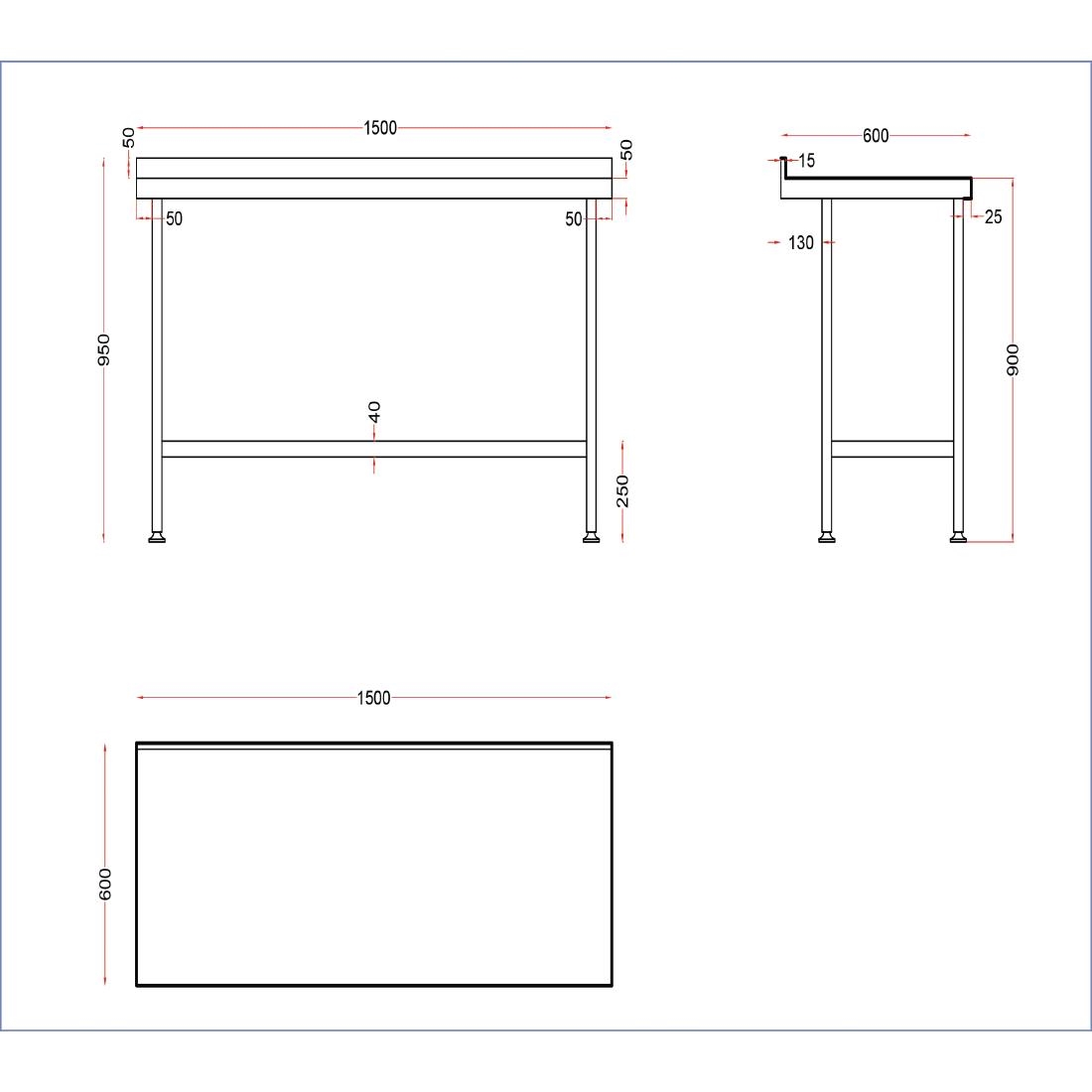 Holmes Stainless Steel Wall Table with Upstand 1500mm