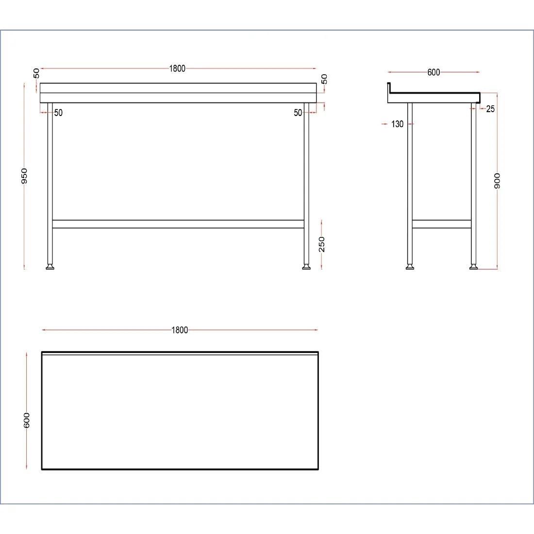 Holmes Stainless Steel Wall Table with Upstand 1800mm - Image 3