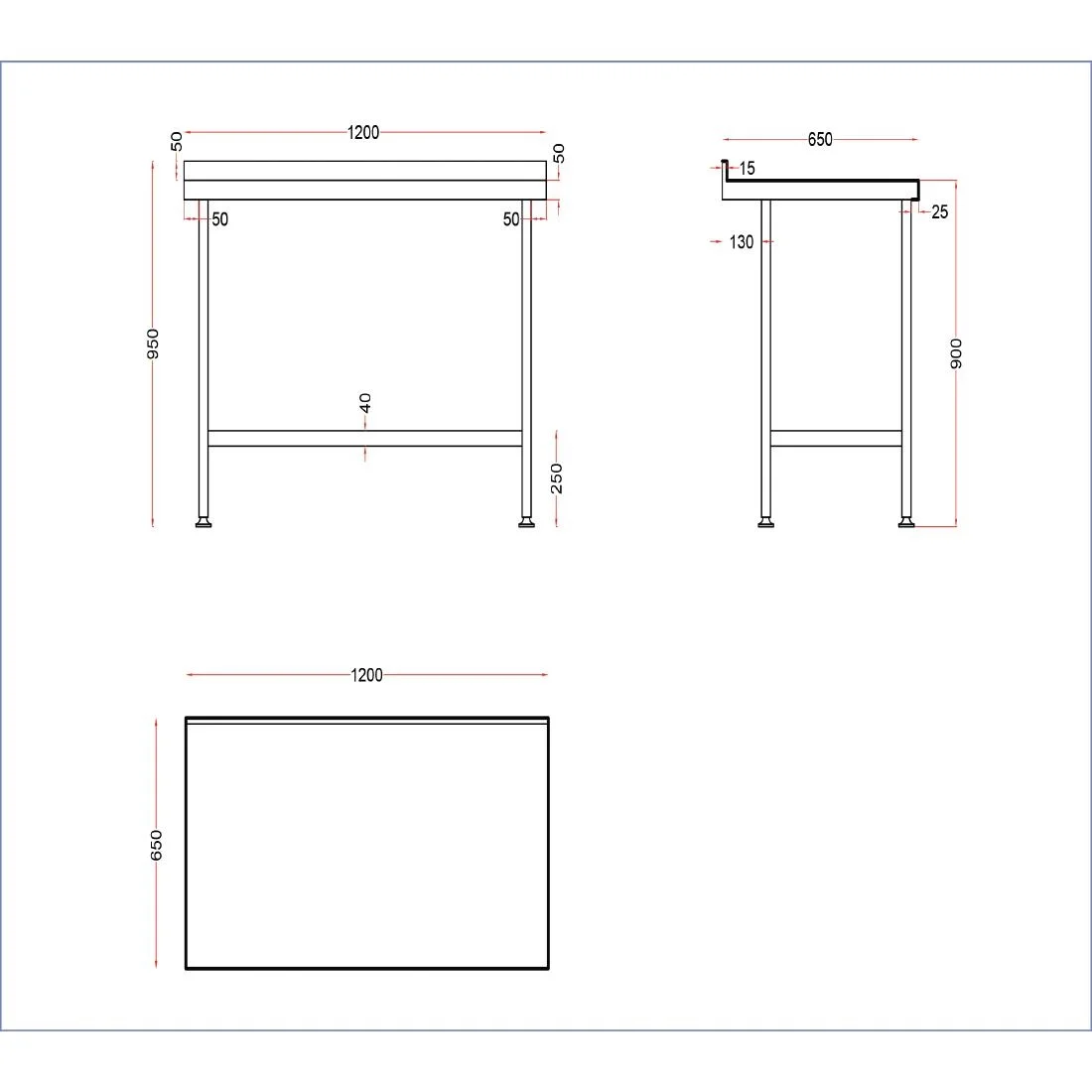 Holmes Stainless Steel Wall Table with Upstand 1200mm - Image 3