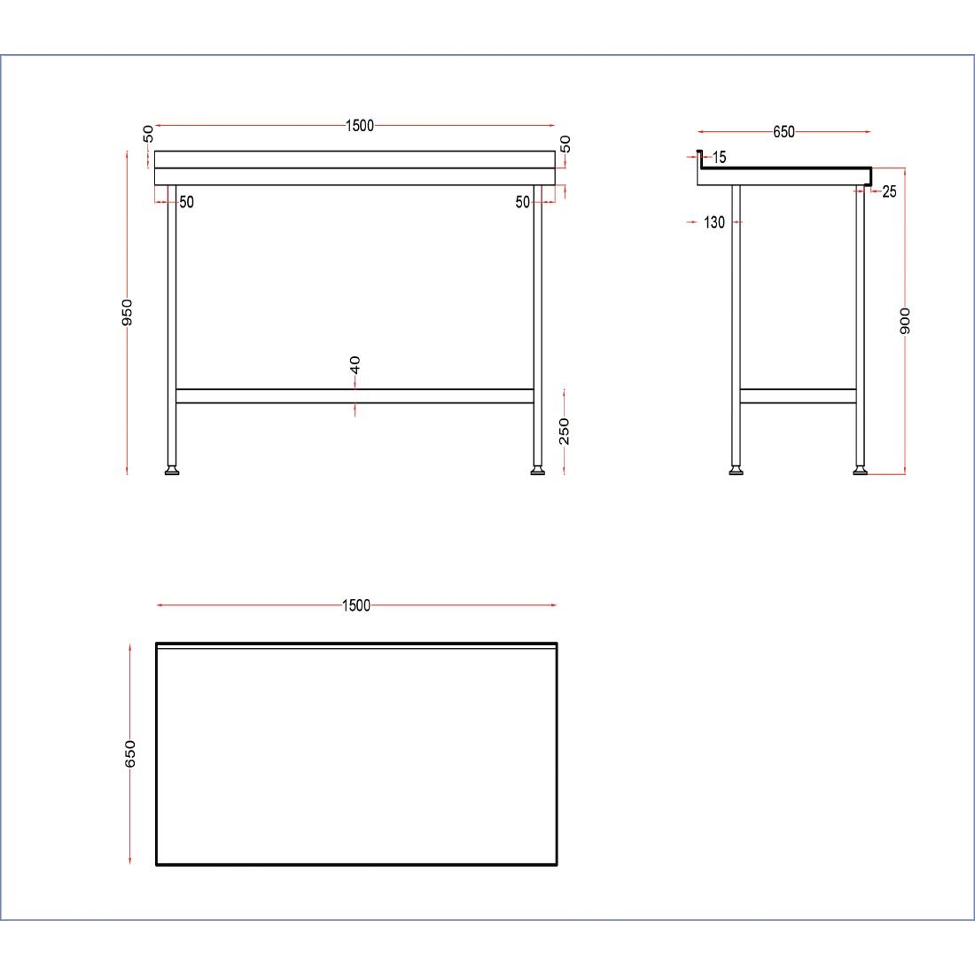 Holmes Stainless Steel Wall Table with Upstand 1500mm