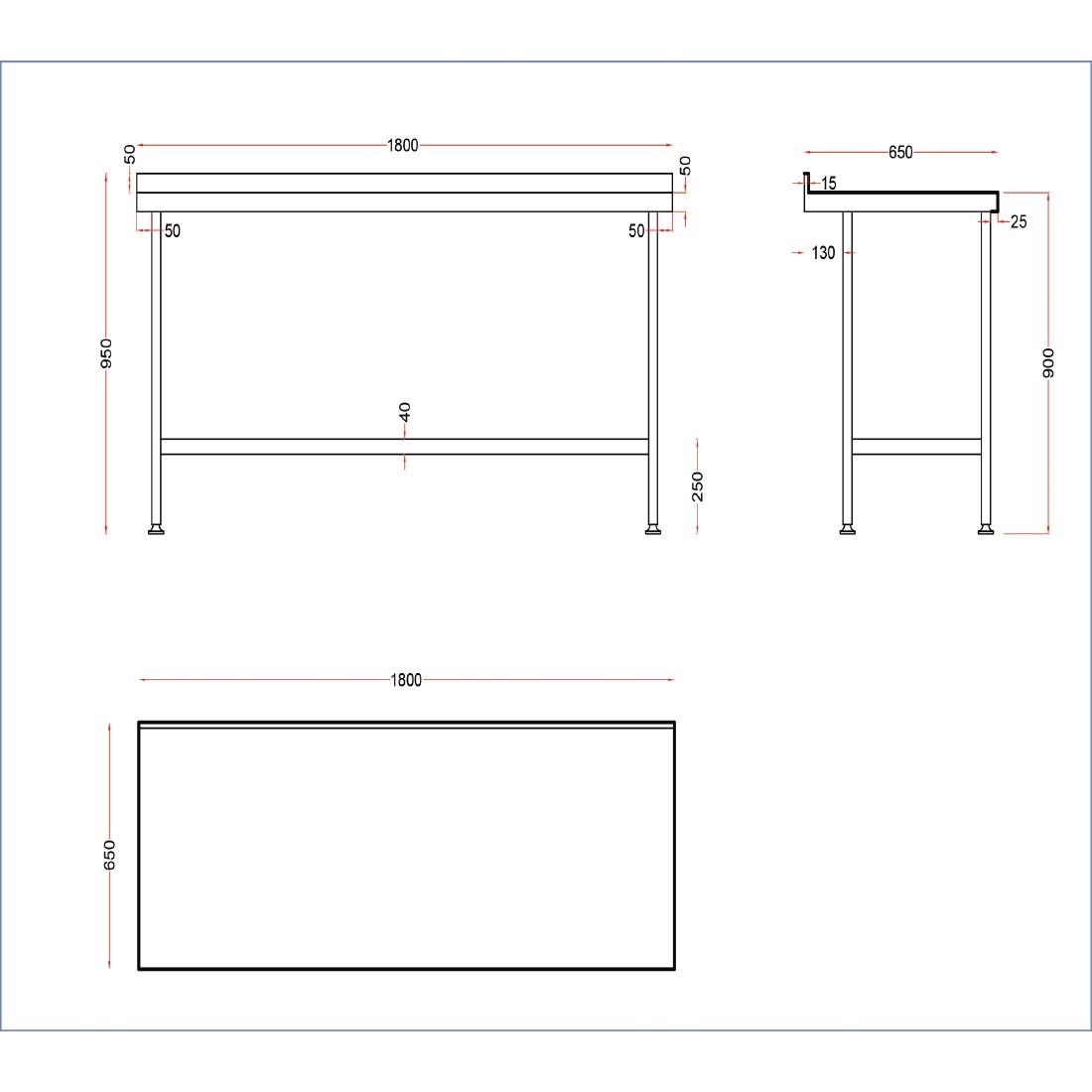 Holmes Stainless Wall Table with Upstand 1800mm