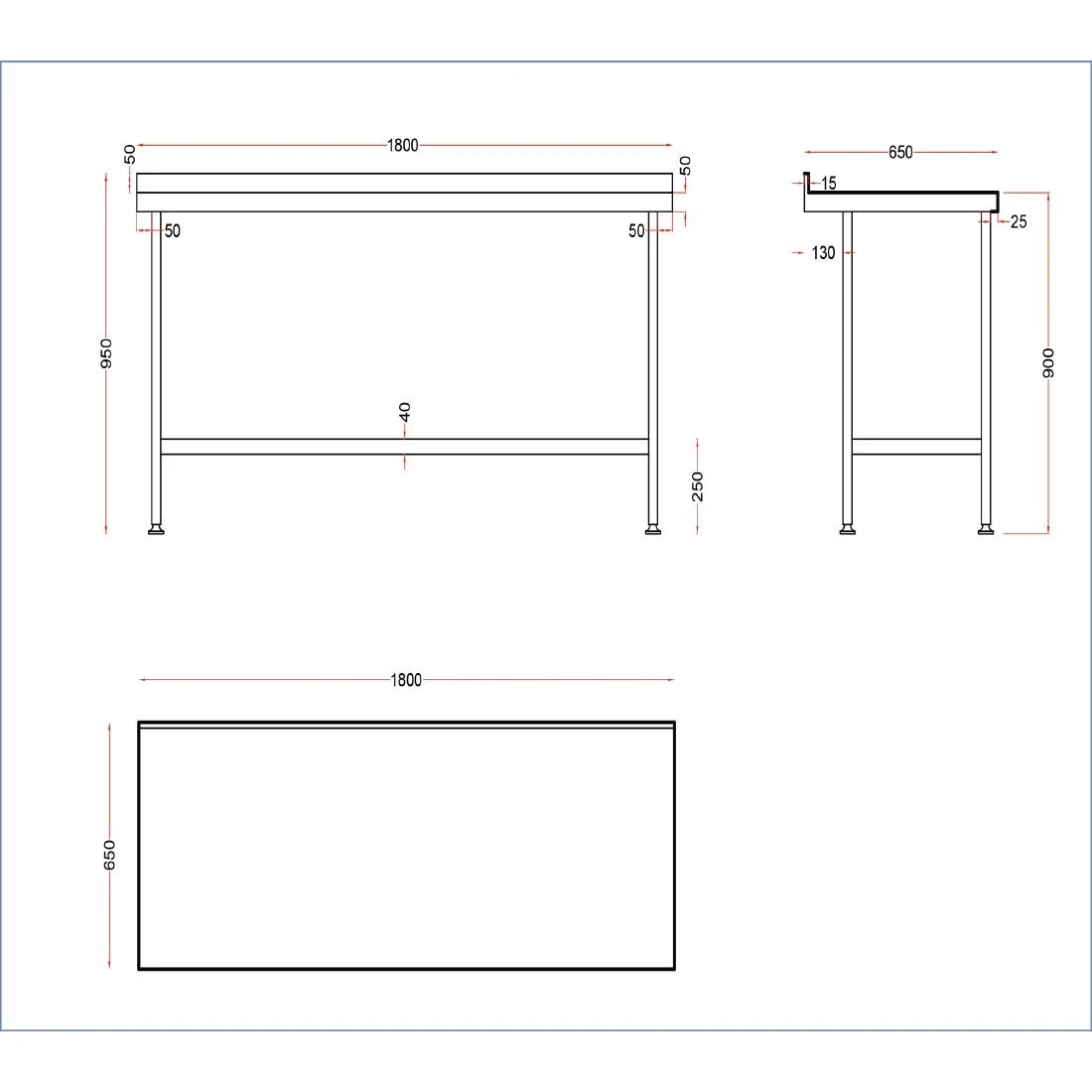 Holmes Stainless Wall Table with Upstand 1800mm - Image 3