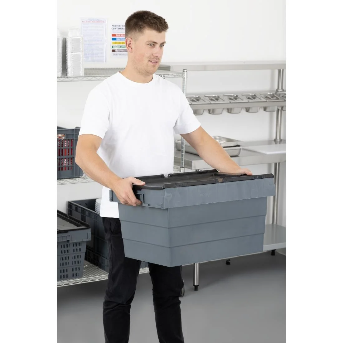 Vogue Plastic Transport Storage Crate with Attached Lid 600x400x320mm - Image 10