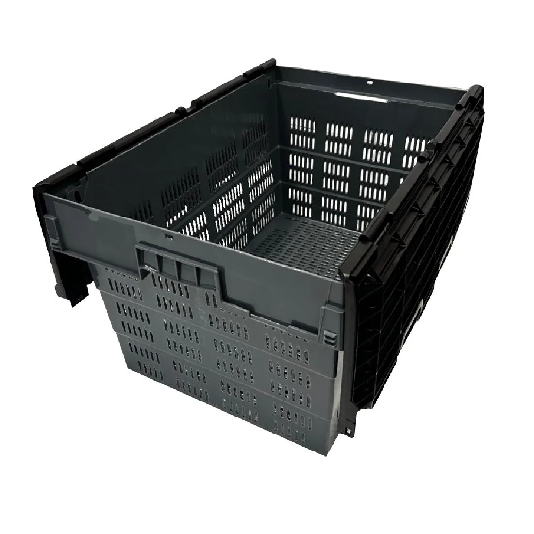Vogue Perforated Plastic Transport Storage Crate with Attached Lid 600x400x320mm - Image 3