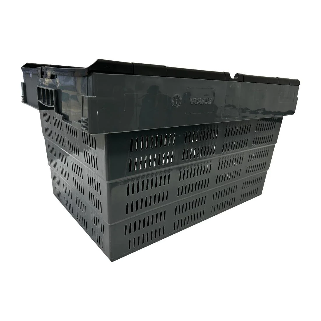 Vogue Perforated Plastic Transport Storage Crate with Attached Lid 600x400x320mm - Image 4