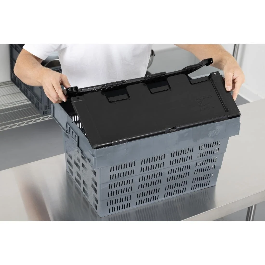 Vogue Perforated Plastic Transport Storage Crate with Attached Lid 600x400x320mm - Image 8