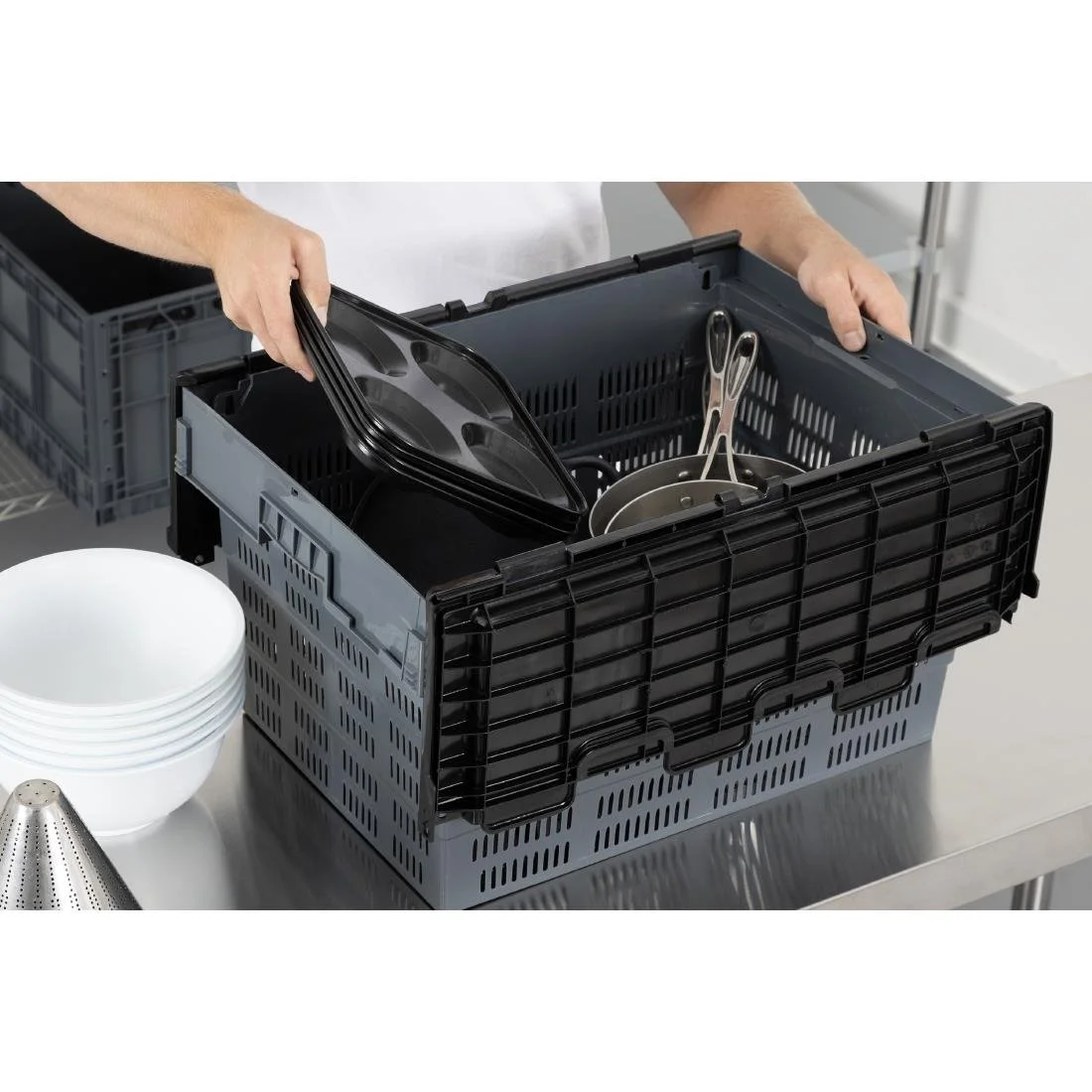 Vogue Perforated Plastic Transport Storage Crate with Attached Lid 600x400x320mm - Image 9