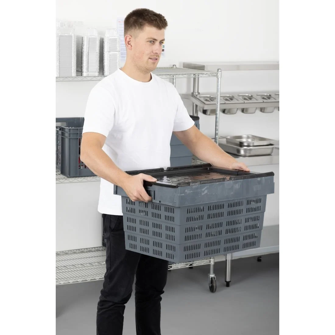 Vogue Perforated Plastic Transport Storage Crate with Attached Lid 600x400x320mm - Image 10