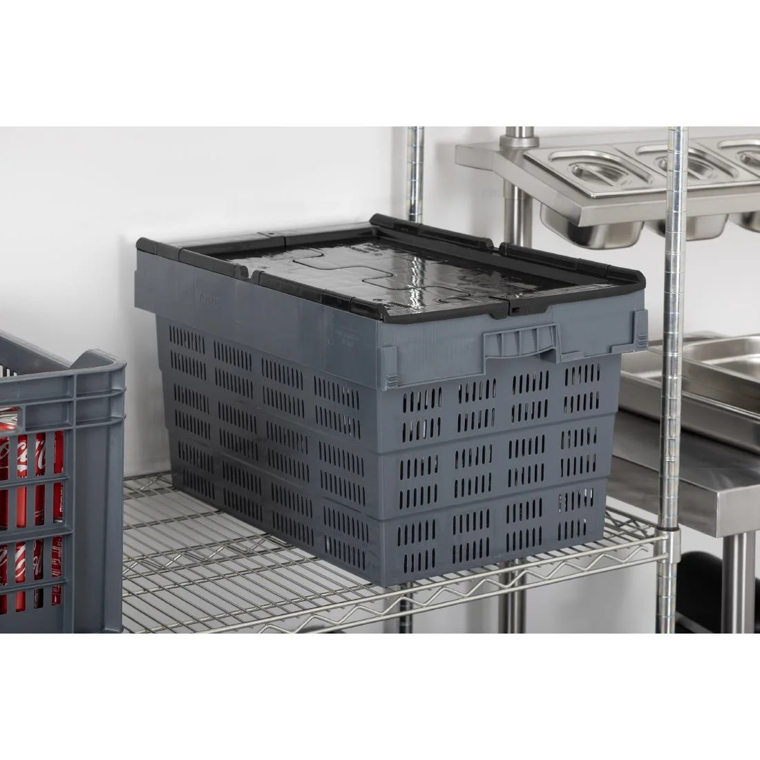 Vogue Perforated Plastic Transport Storage Crate with Attached Lid 600x400x320mm - Image 11