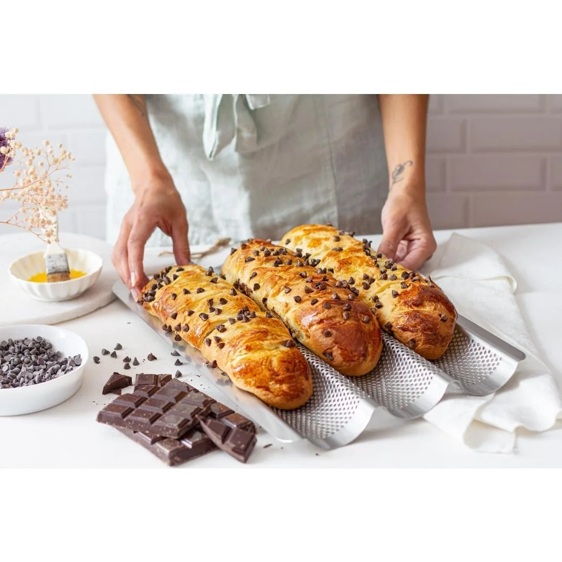 De Buyer Perforated Baguette Baking Tray Stainless Steel 245x400mm (3 Pack) - Image 2