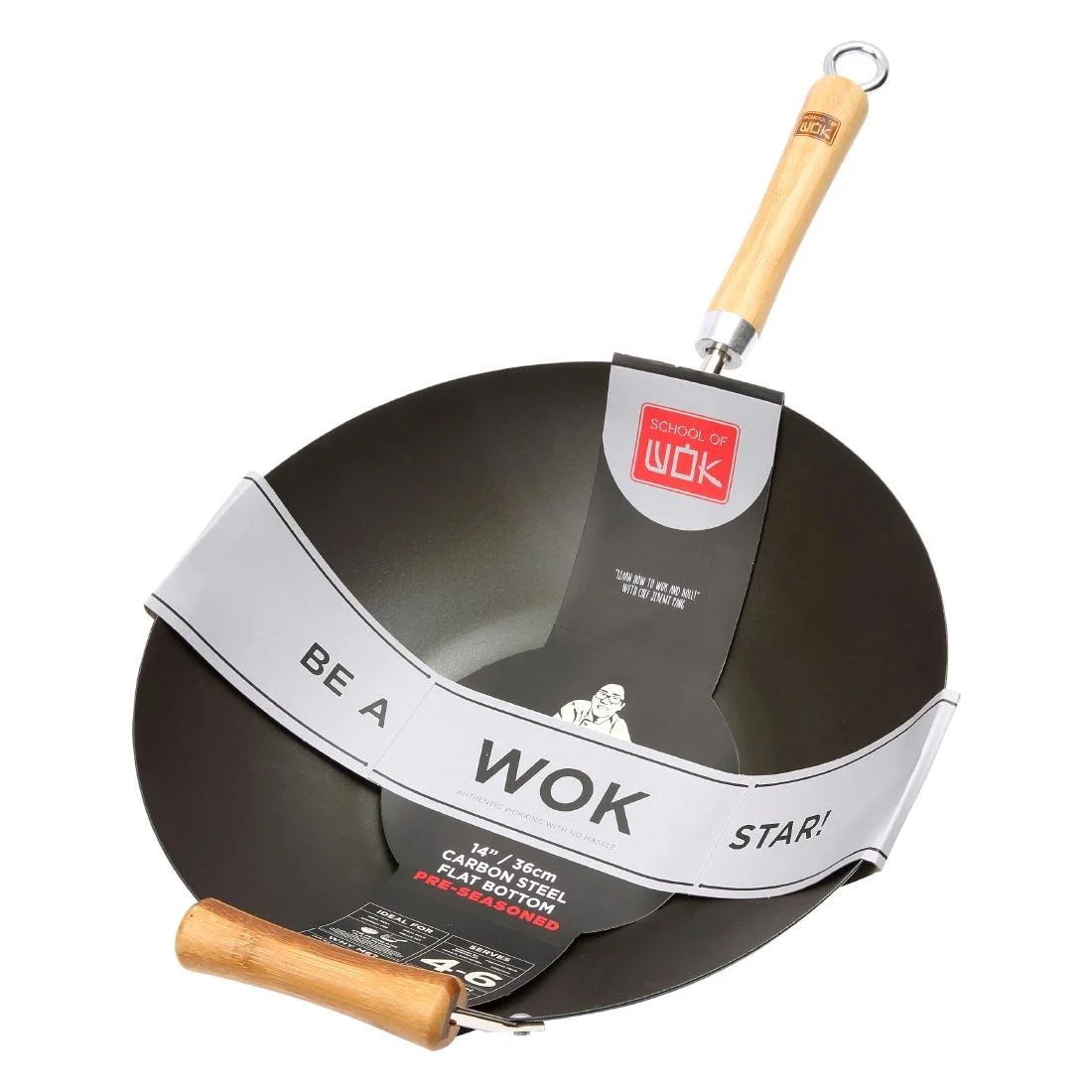 Dexam School of Wok Pre-Seasoned Carbon Steel Flat Base Wok 360mm - Image 2