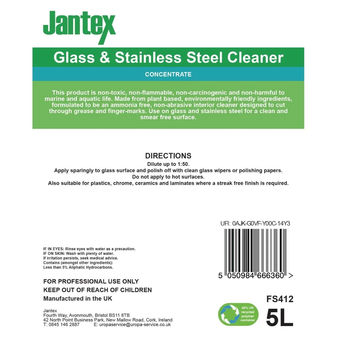 Jantex Green Glass and Stainless Steel Cleaner Concentrate 5Ltr - Image 6
