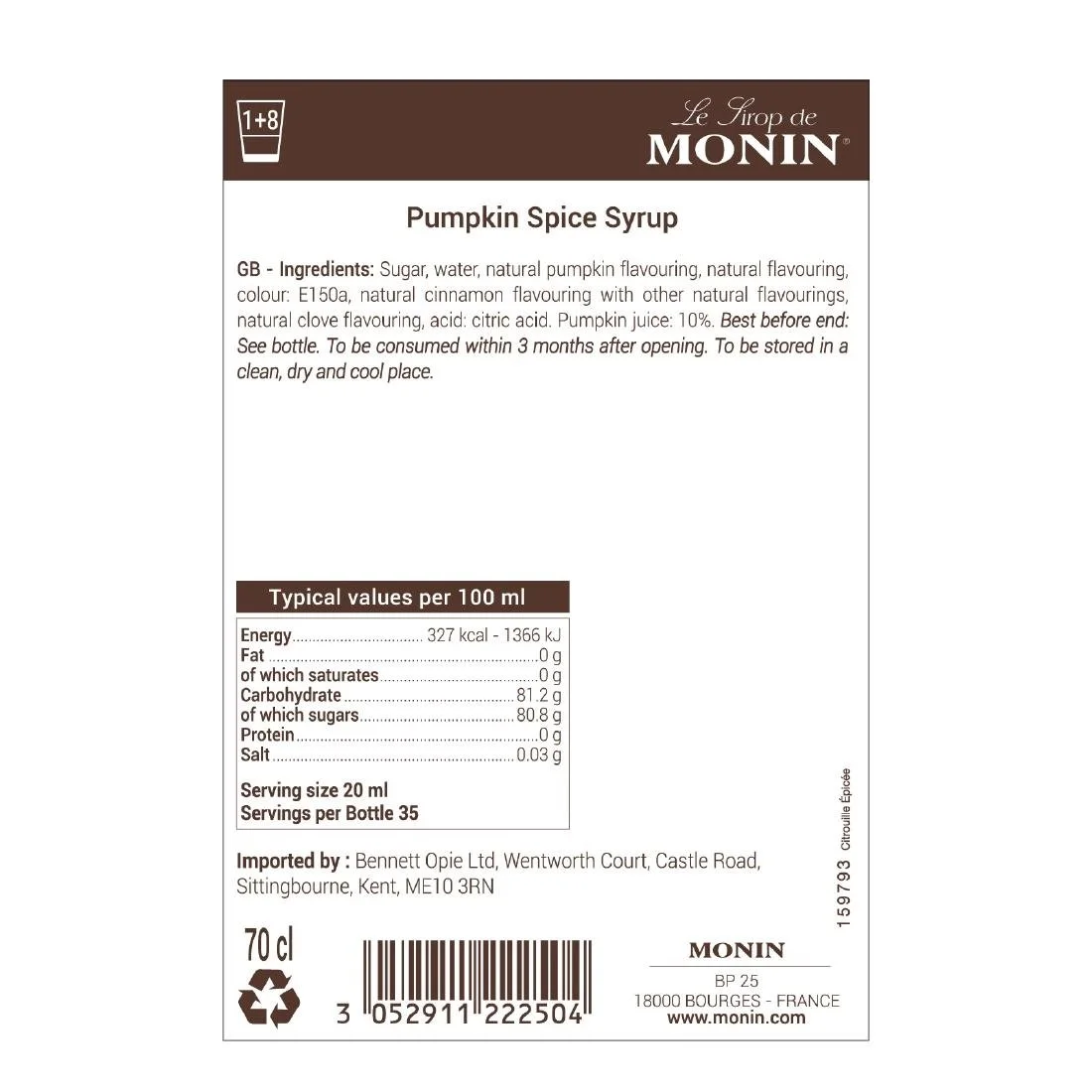 Monin Premium Pumpkin Spice Syrup 700ml - Image 2