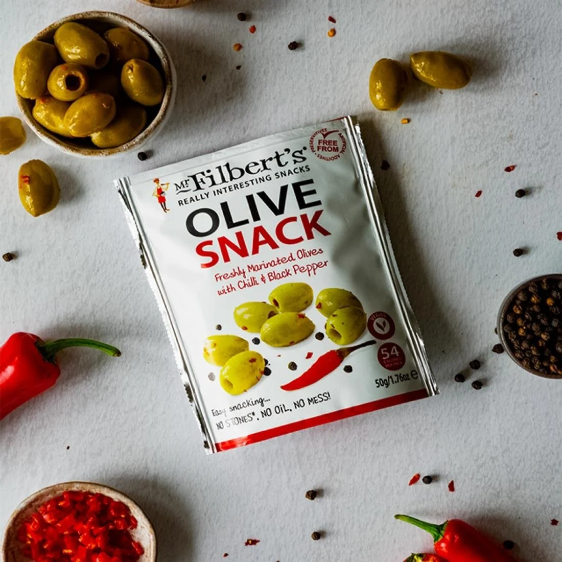 Mr Filbert's Green Olives Chilli & Black Pepper 50g (12 Pack) - Image 2