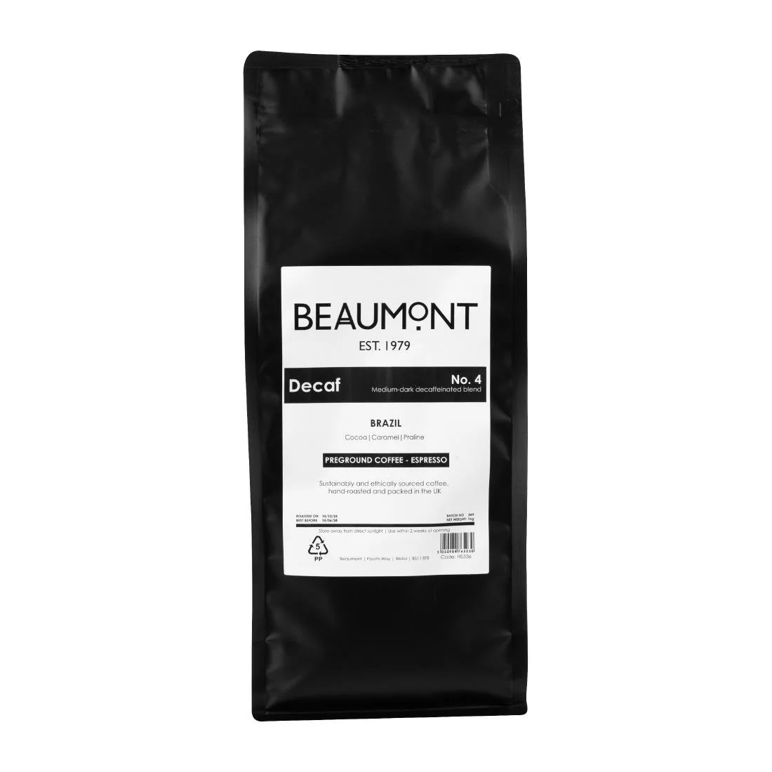 Beaumont No.4 Decaf Coffee Espresso Grind 1kg - Image 1