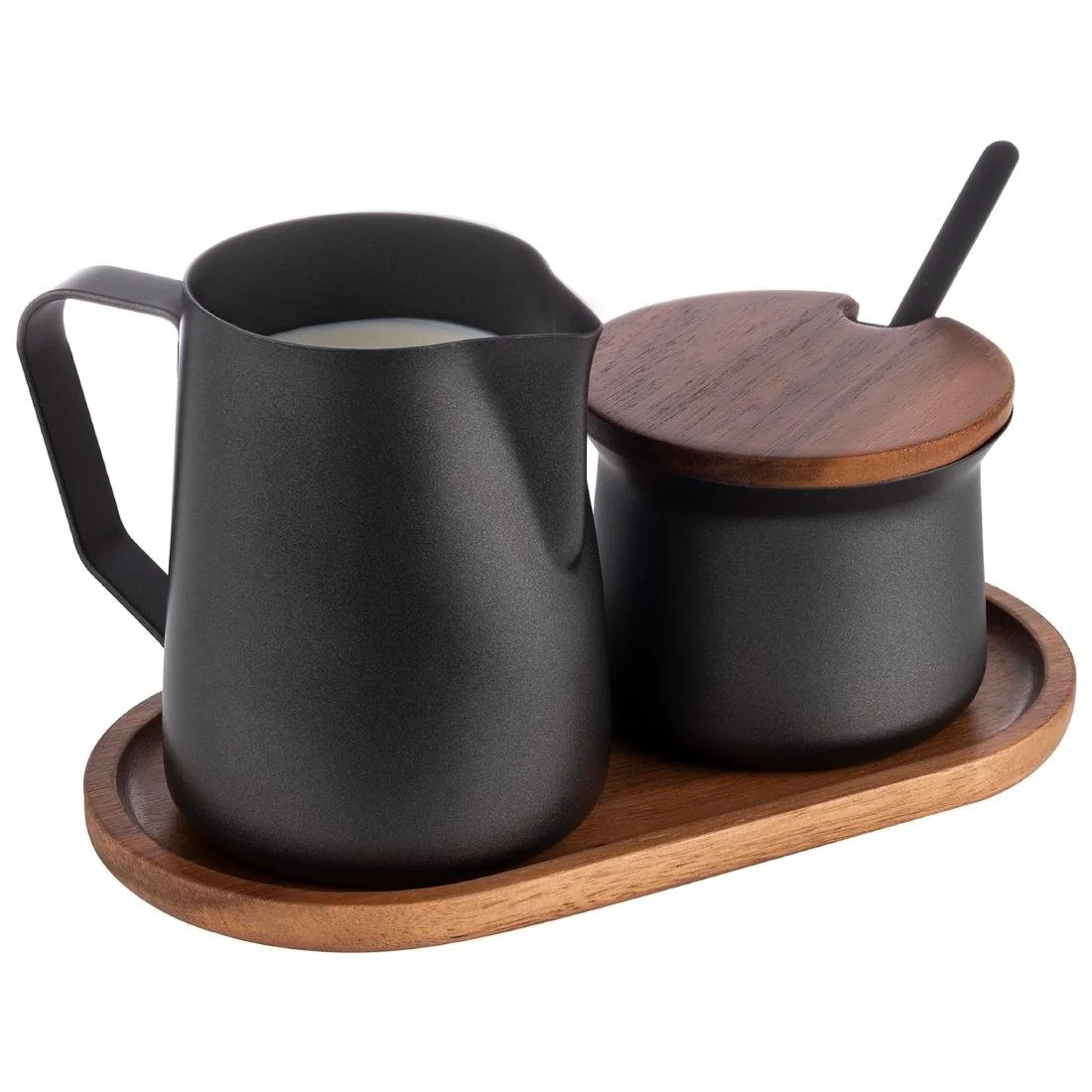 APS Acacia Wood And Stainless Steel Milk and Sugar Set - Image 2