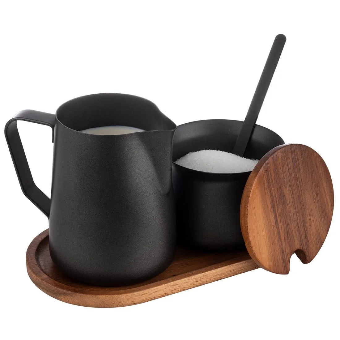 APS Acacia Wood And Stainless Steel Milk and Sugar Set - Image 3
