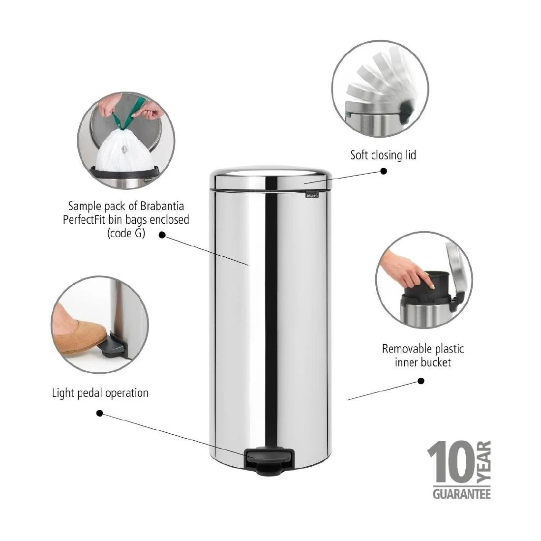 Brabantia NewIcon Pedal Bin Bucket Brilliant Steel 30Ltr - Image 4