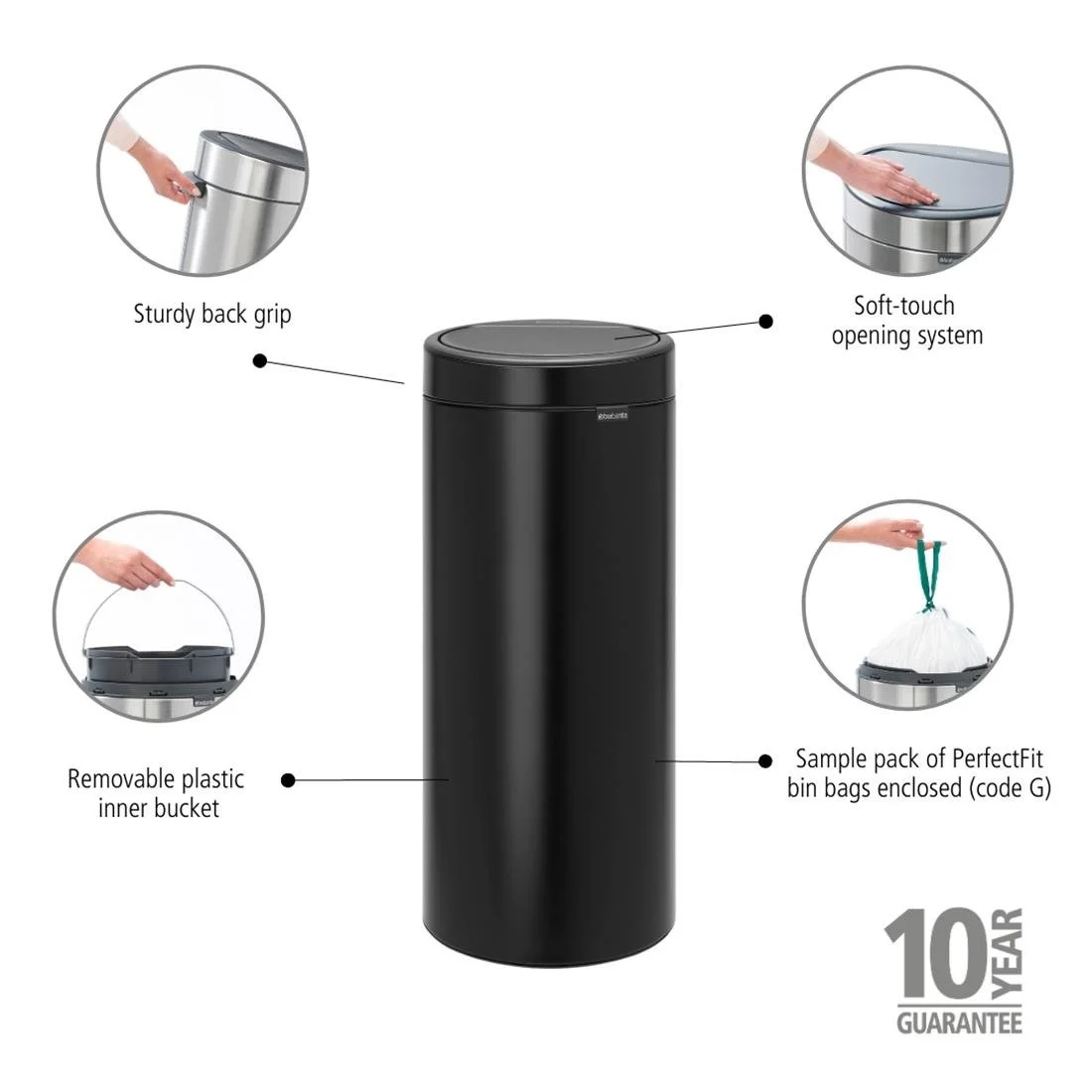 Brabantia Touch Bin Matt Black 30Ltr - Image 4