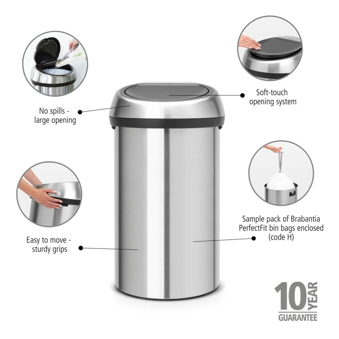 Brabantia Touch Bin Matt Steel 60Ltr - Image 4