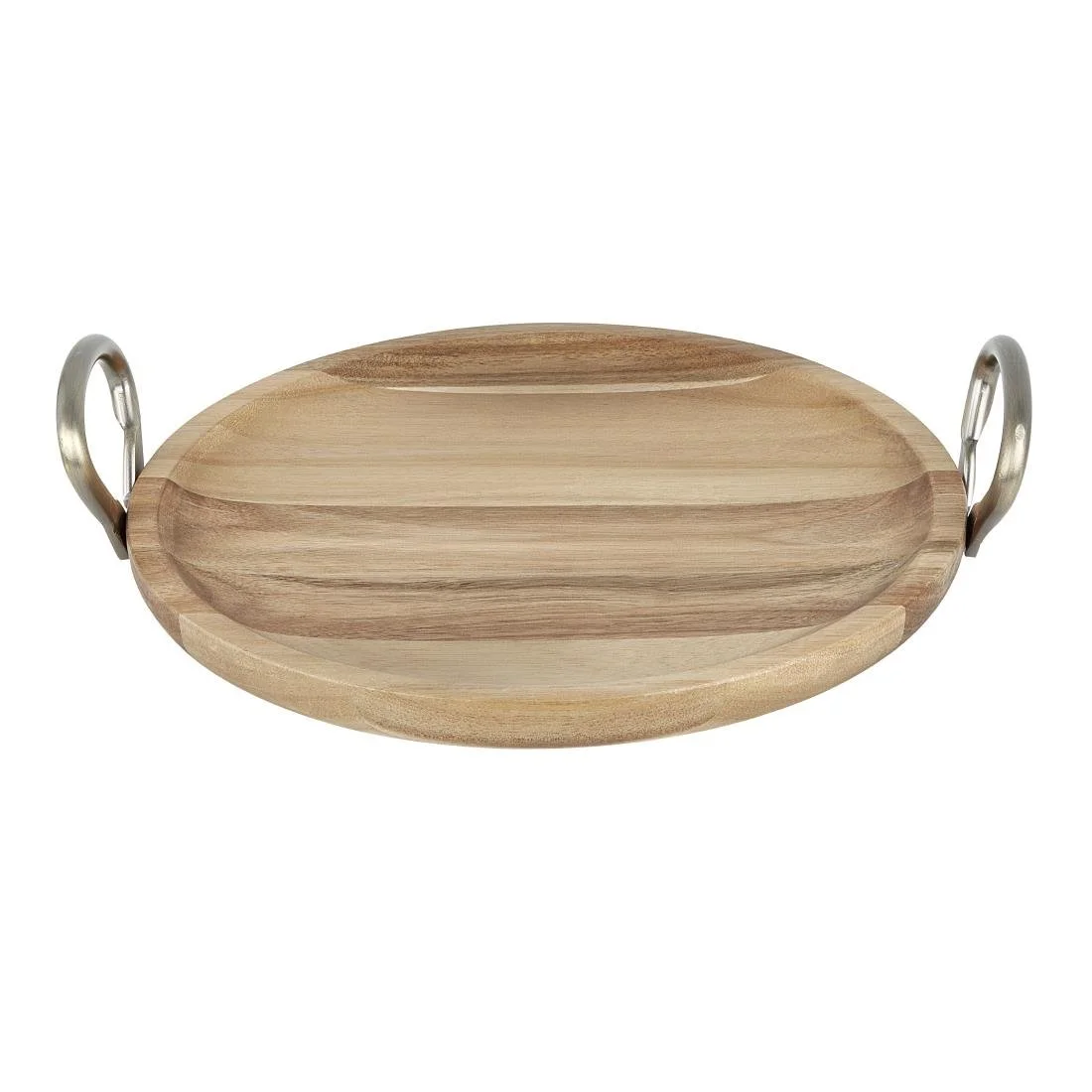 Olympia Round Dish Acacia Wood Metal Handles 345x305x80mm - Image 1