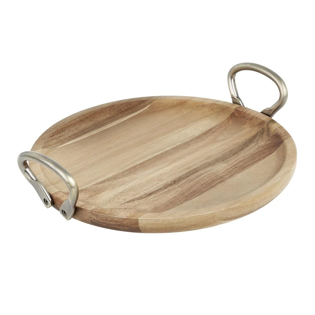 Olympia Round Dish Acacia Wood Metal Handles 345x305x80mm - Image 2