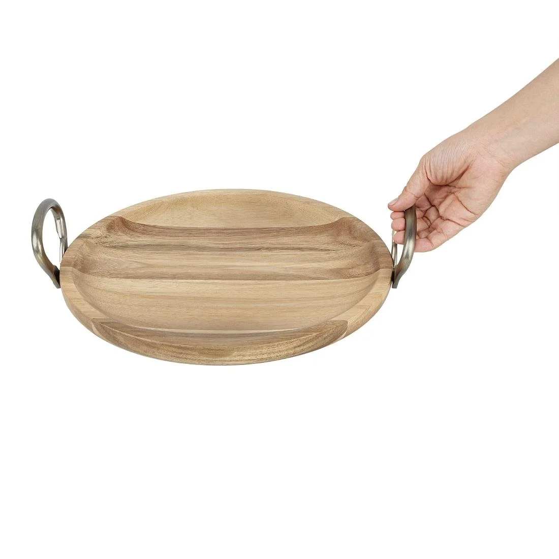 Olympia Round Dish Acacia Wood Metal Handles 345x305x80mm - Image 5