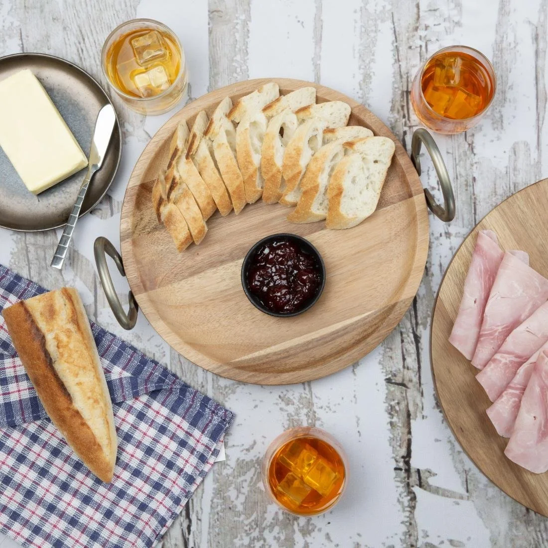 Olympia Round Dish Acacia Wood Metal Handles 345x305x80mm - Image 6