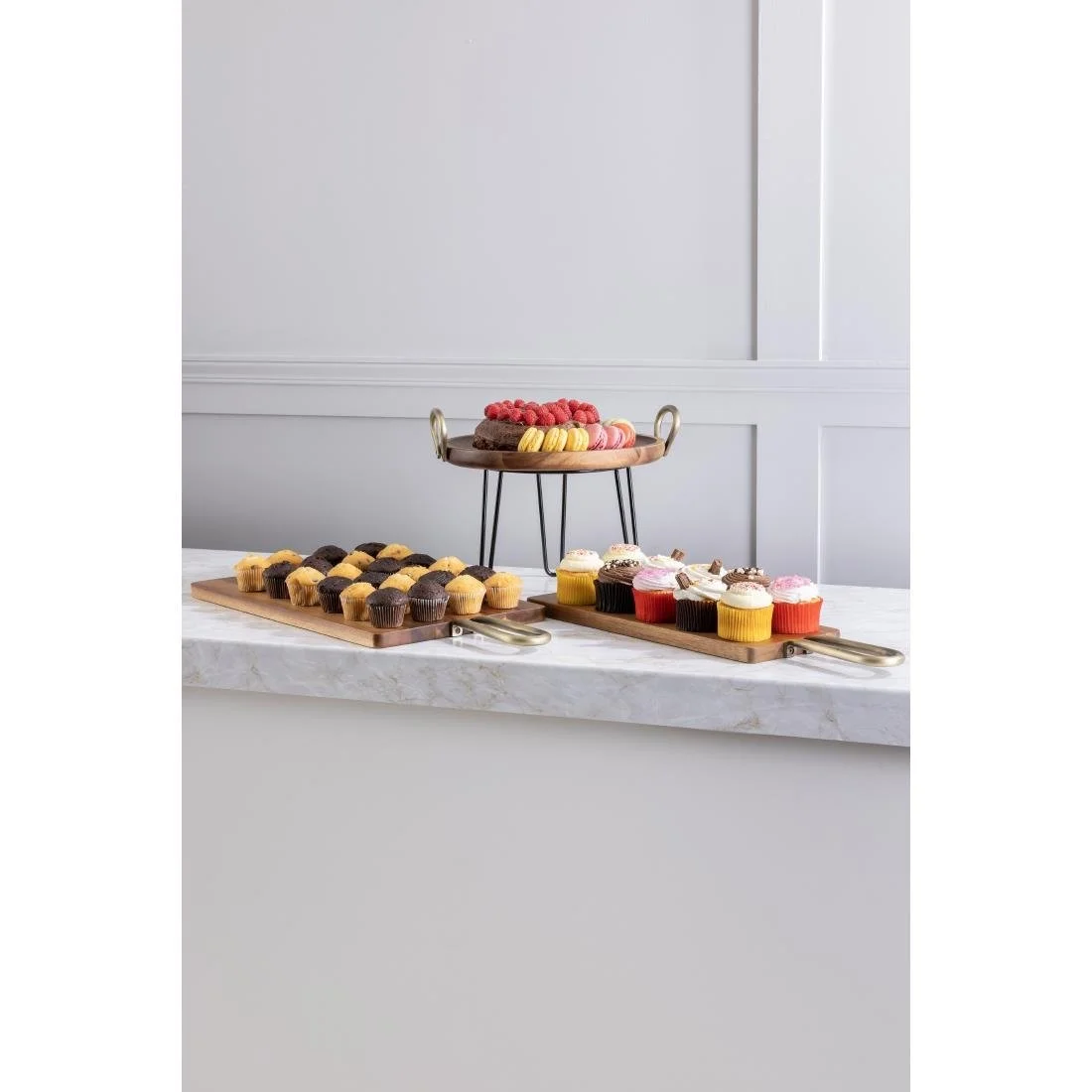 Olympia Round Dish Acacia Wood Metal Handles 345x305x80mm - Image 7