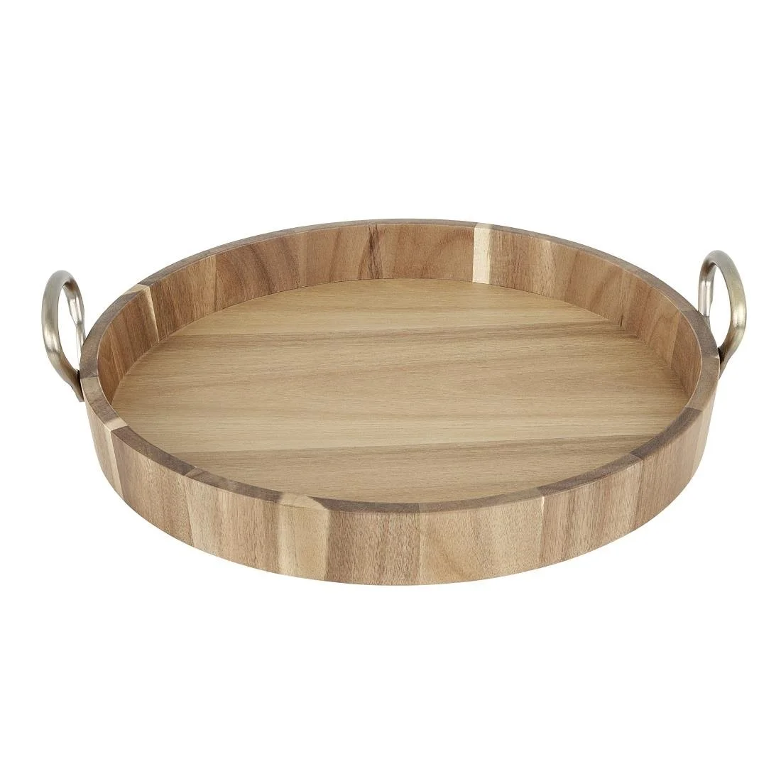 Olympia Round Tray Acacia Wood with Metal Handles 440x405x100mm - Image 1
