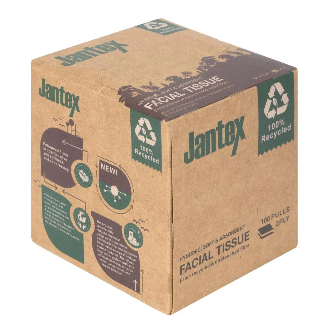 Jantex Green 100% Recycled Facial Tissue Cube 100 Sheets (36 Pack) - Image 2